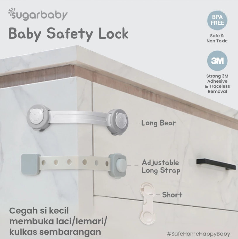 Baby Safety Lock Short & Adjustable Long Strap | Kunci Pengaman Laci Lemari Kulkas Bayi BPA Free
